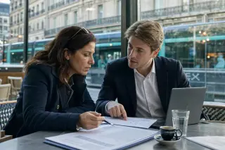 Discreet meeting in a Parisian café with two people analyzing financial documents, natural light, urban European background.