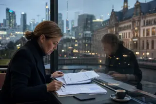 European woman analyzing financial reports at a café terrace with Frankfurt financial district reflected in the glass at dusk