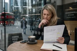 European woman in a modern café near the City of London, focused on annotated financial documents, seen through a glass window with city reflections under soft daylight.
