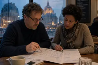 Two people in a contemporary European café intently reviewing annotated financial documents, with city reflections in the window at dusk.