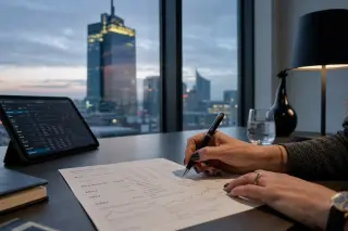 Hands of a woman annotating a financial document near a window with Frankfurt skyline reflections at dusk, in a minimalist modern office.