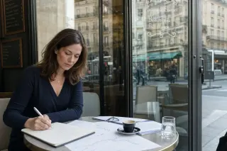 Woman in a Parisian café thoughtfully reviewing financial documents, soft daylight, urban European backdrop visible through reflective windows.