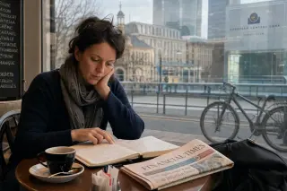 European woman in her 40s studying financial notes in a quiet Frankfurt café, reflections of city buildings visible in the window, soft natural light, contemplative atmosphere.
