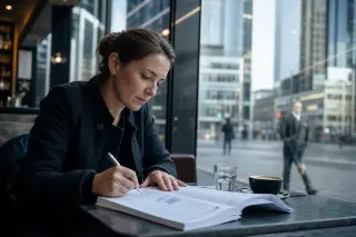 European woman in a modern Frankfurt café, concentrating on annotating a financial document by the window with city reflections and soft natural light.