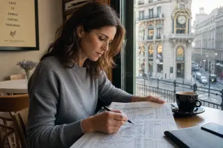 European woman in a Madrid café quietly analyzing annotated financial documents, sunlight and city reflections in the background