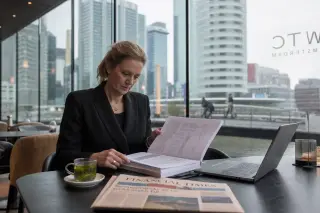 European woman in a modern Amsterdam café studies a financial report with reflections of the city's financial district in the glass behind her.