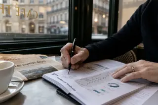 Mid-annotation hand over a financial report in a Paris café, natural light with city reflections, conveying reflective analysis atmosphere.