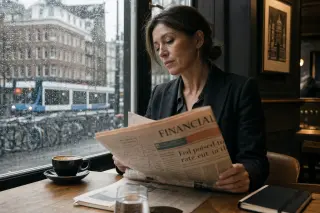 Woman in a quiet Amsterdam café reading annotated financial newspaper in soft daylight, rain on window creating city reflections.