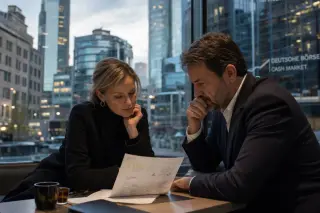 Two people in a modern café by a window, focused on annotated financial documents, with cool city reflections and Frankfurt's financial district visible in the background.