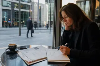 A woman in a cafe analyzes financial notes with city reflections in the window on a late afternoon in Paris's business district.