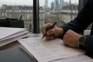 Hands annotating a financial document on a wooden table, with a Parisian cityscape visible through a window in the background