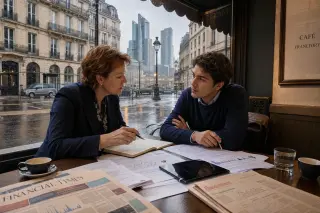 Two people in a modern European café discuss annotated financial documents amid newspapers, with urban architecture reflected in a rain-speckled window.